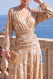 Floral Peacock Green Ruched Midi Wedding Guest Dress with Sleeves