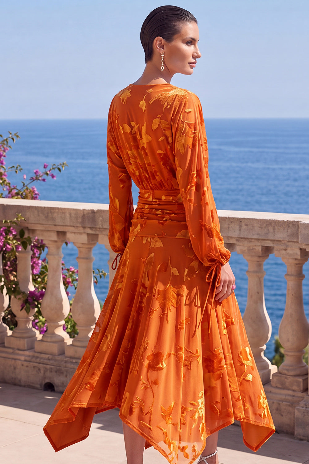 Floral Peacock Green Ruched Midi Wedding Guest Dress with Sleeves