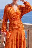 Floral Peacock Green Ruched Midi Wedding Guest Dress with Sleeves