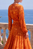 Floral Peacock Green Ruched Midi Wedding Guest Dress with Sleeves