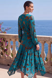 Floral Peacock Green Ruched Midi Wedding Guest Dress with Sleeves