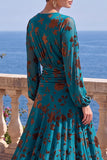 Floral Peacock Green Ruched Midi Wedding Guest Dress with Sleeves
