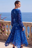 Floral Peacock Green Ruched Midi Wedding Guest Dress with Sleeves