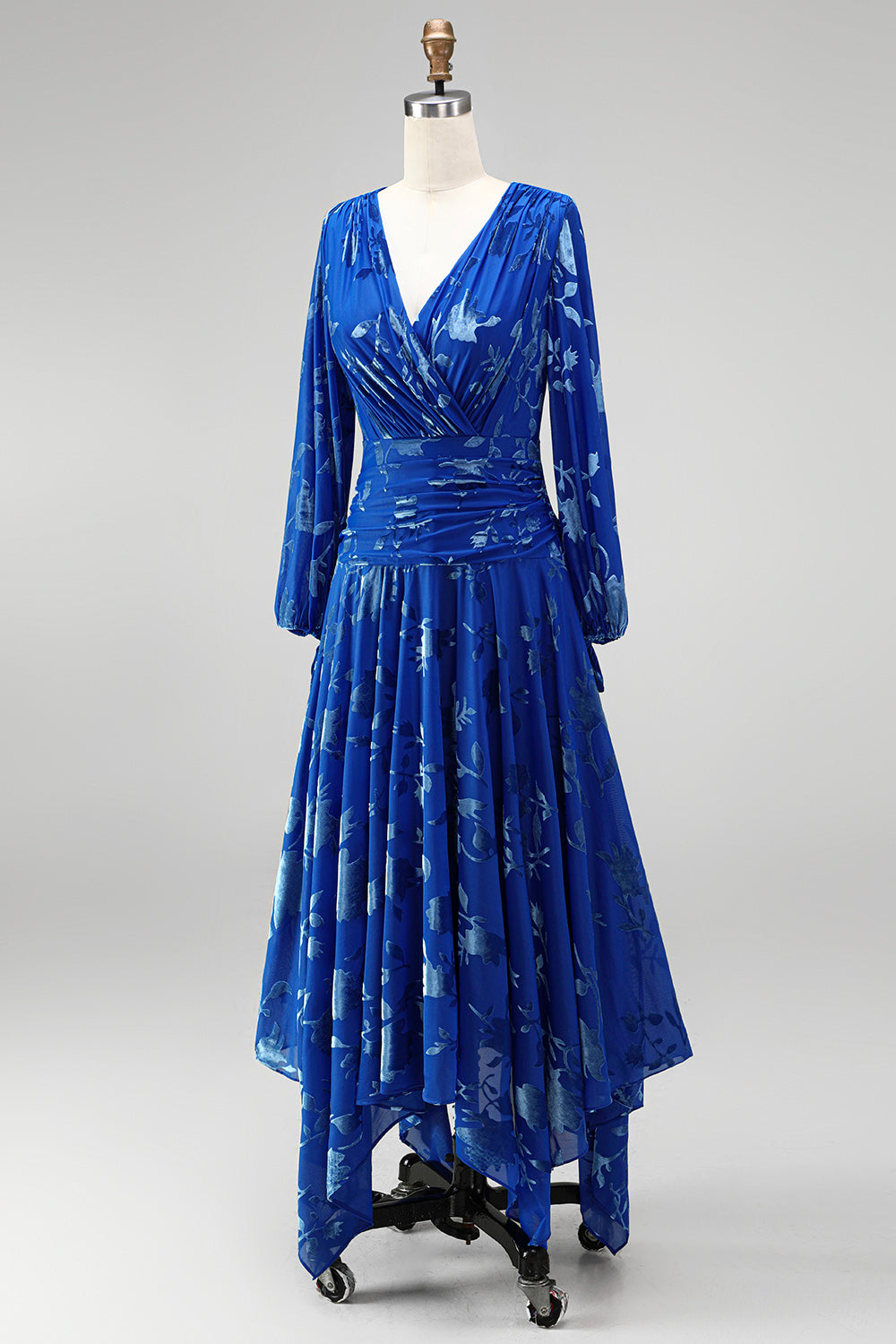Floral Peacock Green Ruched Midi Wedding Guest Dress with Sleeves