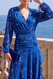 Floral Peacock Green Ruched Midi Wedding Guest Dress with Sleeves