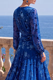 Floral Peacock Green Ruched Midi Wedding Guest Dress with Sleeves