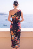 Coffee Floral Bodycon One Shoulder Midi Beach Wedding Guest Dress