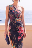 Coffee Floral Bodycon One Shoulder Midi Beach Wedding Guest Dress