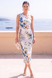 Coffee Floral Bodycon One Shoulder Midi Beach Wedding Guest Dress