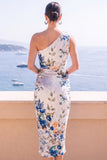 Coffee Floral Bodycon One Shoulder Midi Beach Wedding Guest Dress