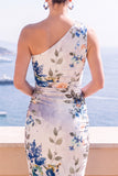 Coffee Floral Bodycon One Shoulder Midi Beach Wedding Guest Dress