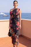 Coffee Floral Sheath Ruched One Shoulder Maxi Beach Wedding Guest Dress