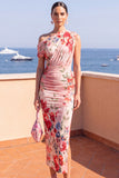 Coffee Floral Sheath Ruched One Shoulder Maxi Beach Wedding Guest Dress