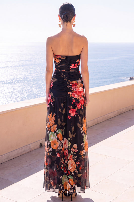 Black Floral Sheath Ruched Strapless Long Beach Wedding Guest Dress