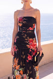 Black Floral Sheath Ruched Strapless Long Beach Wedding Guest Dress