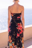Black Floral Sheath Ruched Strapless Long Beach Wedding Guest Dress