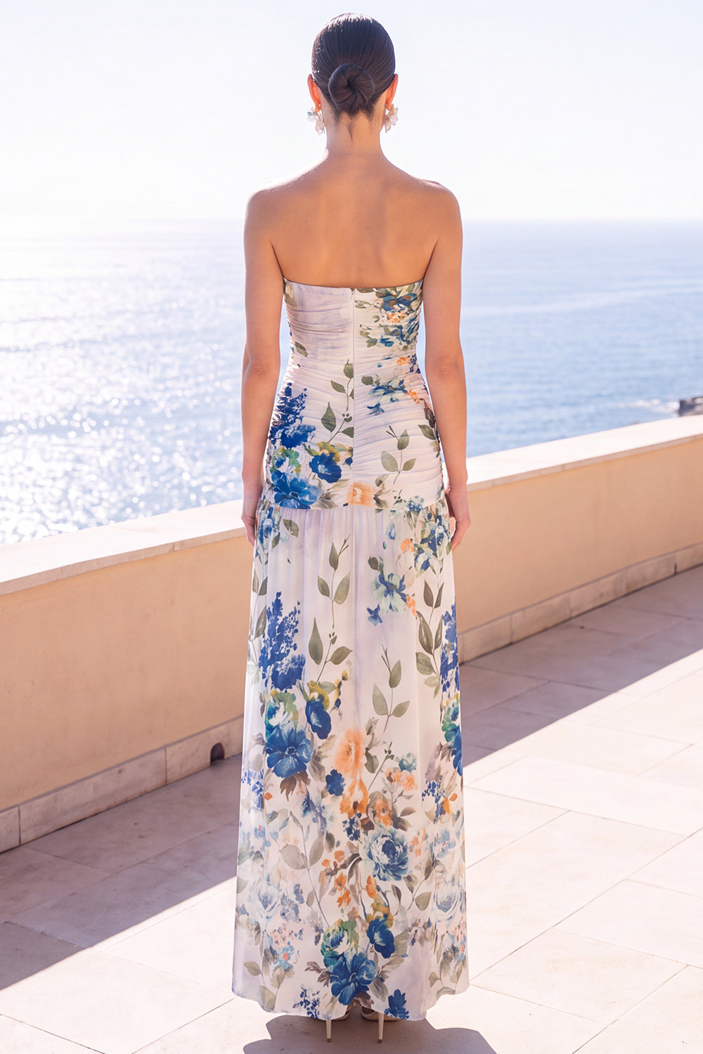 Black Floral Sheath Ruched Strapless Long Beach Wedding Guest Dress