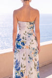 Black Floral Sheath Ruched Strapless Long Beach Wedding Guest Dress