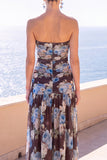 Black Floral Sheath Ruched Strapless Long Beach Wedding Guest Dress