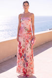 Black Floral Sheath Ruched Strapless Long Beach Wedding Guest Dress