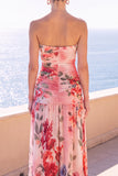 Black Floral Sheath Ruched Strapless Long Beach Wedding Guest Dress