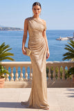 Champagne Mermaid Sparkly Sequin One Shoulder Long Wedding Guest Dress