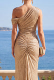 Champagne Mermaid Sparkly Sequin One Shoulder Long Wedding Guest Dress