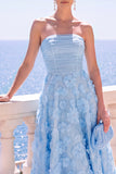 Blue Floral A Line Ruched Strapless Maxi Wedding Guest Dress