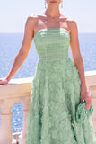 Blue Floral A Line Ruched Strapless Maxi Wedding Guest Dress
