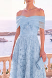 Blue Floral A Line Corset Off the Shoulder Maxi Beach Wedding Guest Dress