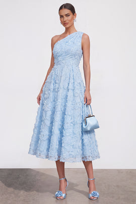 Blue Floral A Line One Shoulder Maxi Wedding Guest Dress