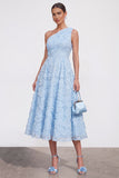 Blue Floral A Line One Shoulder Maxi Wedding Guest Dress