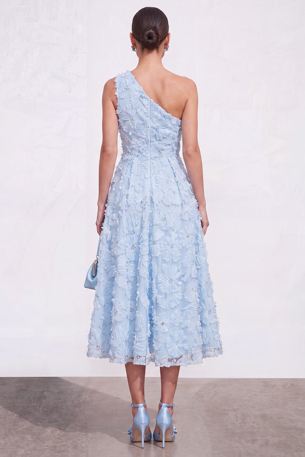 Blue Floral A Line One Shoulder Maxi Wedding Guest Dress
