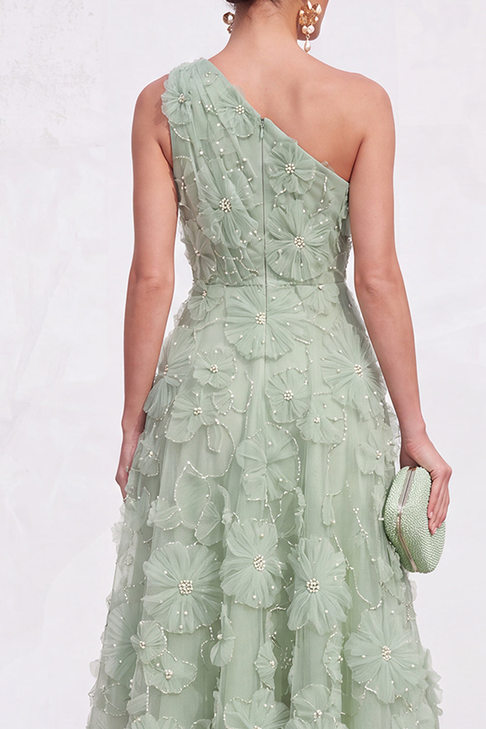 Blue Floral A Line One Shoulder Maxi Wedding Guest Dress