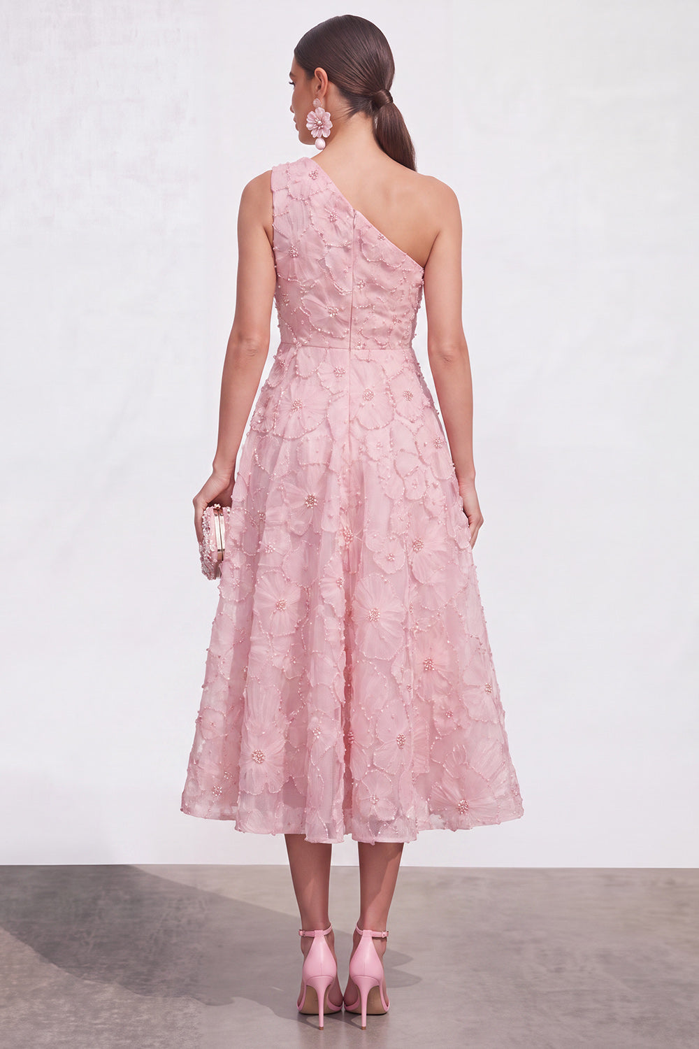 Blue Floral A Line One Shoulder Maxi Wedding Guest Dress