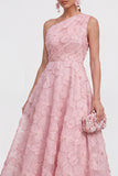 Blue Floral A Line One Shoulder Maxi Wedding Guest Dress