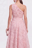 Blue Floral A Line One Shoulder Maxi Wedding Guest Dress