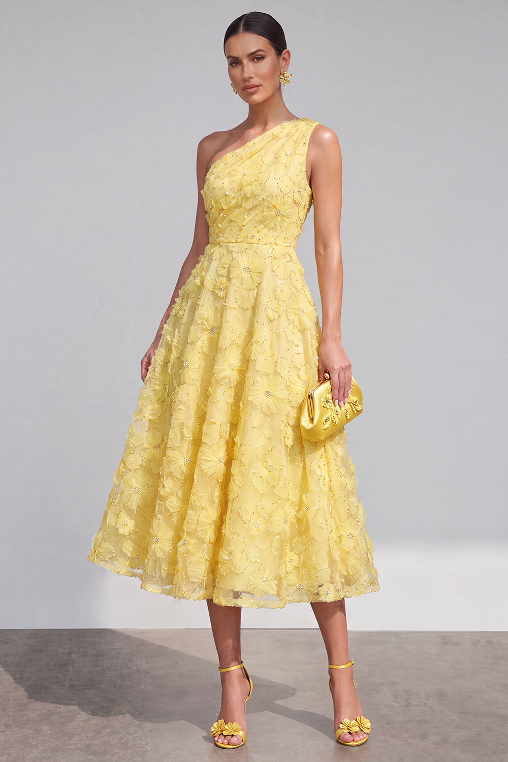 Blue Floral A Line One Shoulder Maxi Wedding Guest Dress