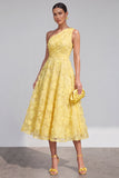 Blue Floral A Line One Shoulder Maxi Wedding Guest Dress