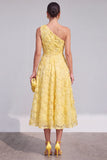 Blue Floral A Line One Shoulder Maxi Wedding Guest Dress