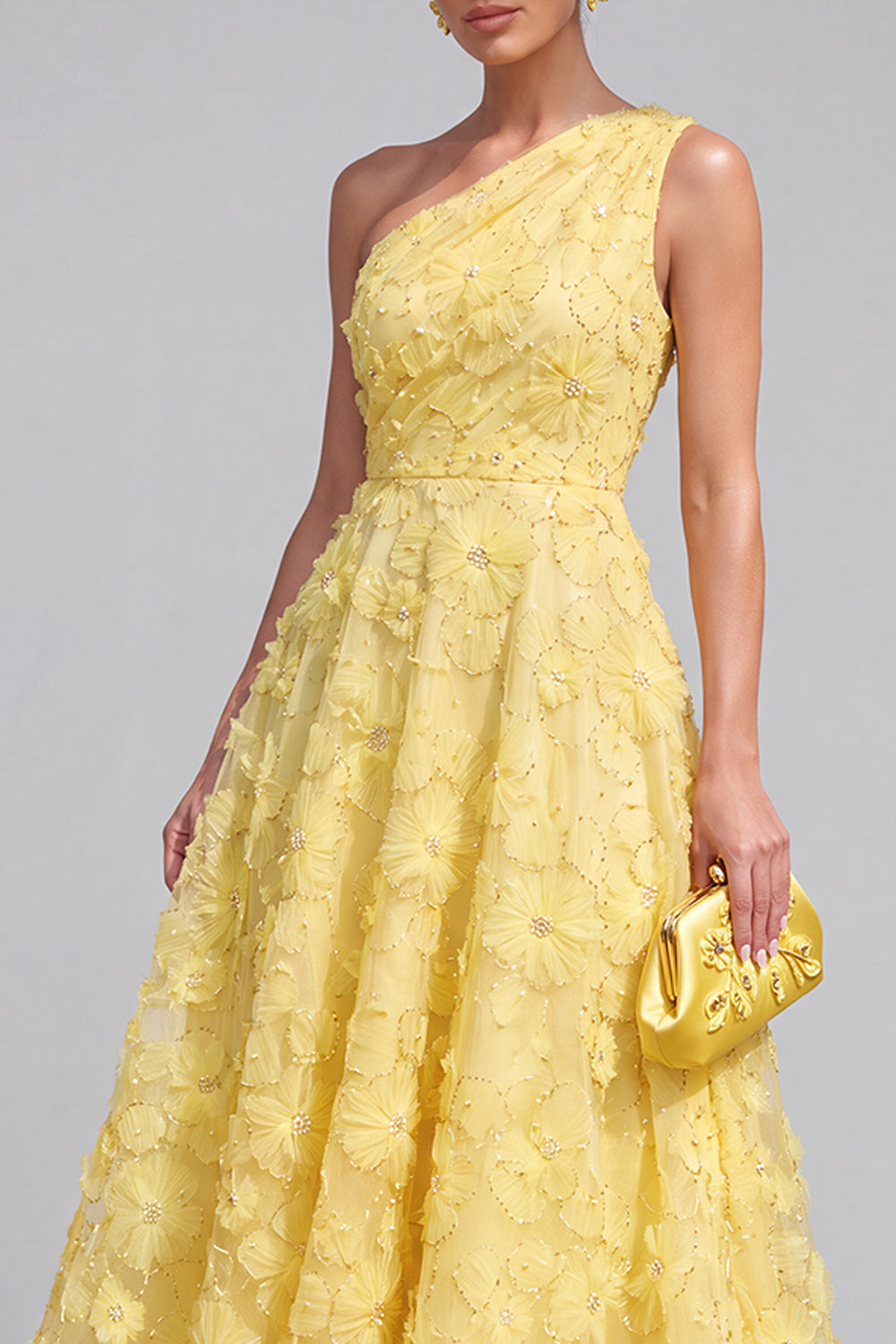 Blue Floral A Line One Shoulder Maxi Wedding Guest Dress