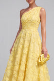 Blue Floral A Line One Shoulder Maxi Wedding Guest Dress