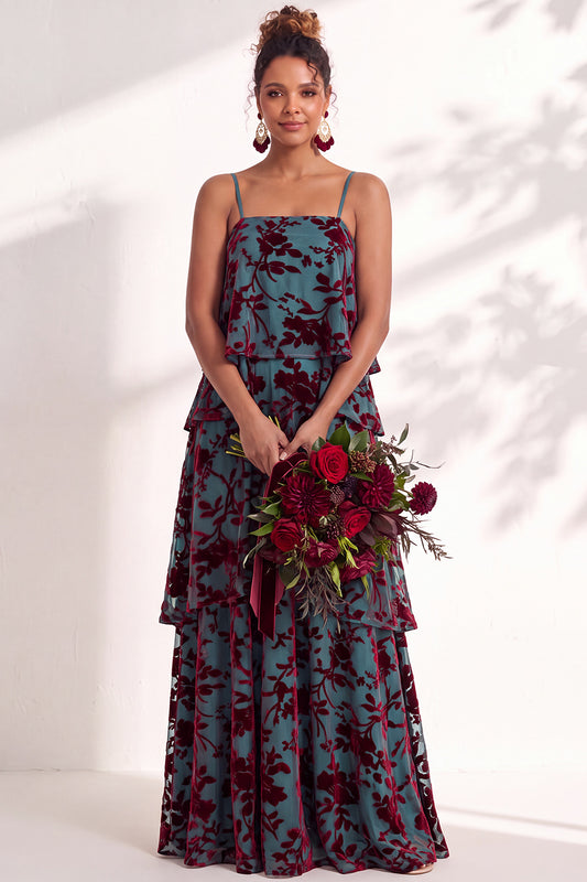 Blue Burgundy Flower Tiered Ruffled Velevt Long Wedding Guest Dress