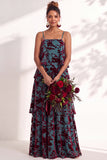 Blue Burgundy Flower Tiered Ruffled Velevt Long Wedding Guest Dress