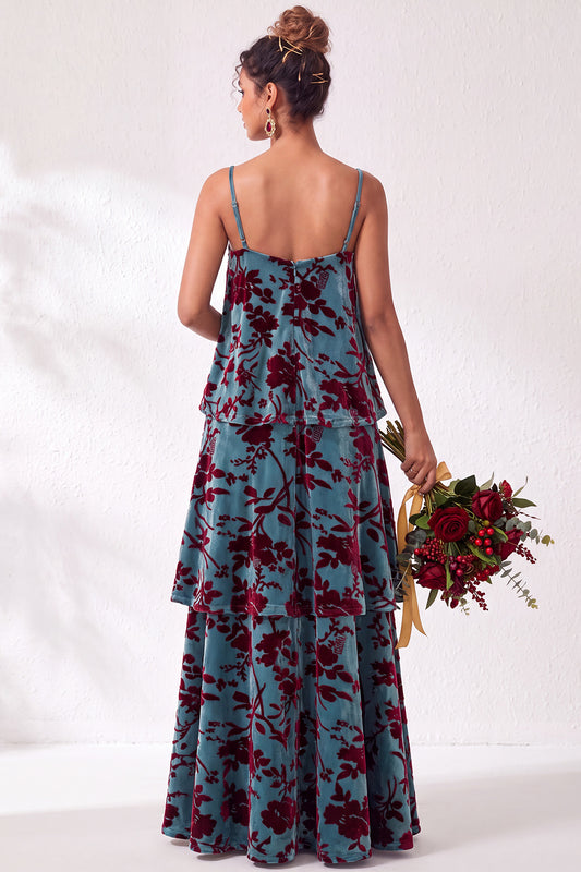 Blue Burgundy Flower Tiered Ruffled Velevt Long Wedding Guest Dress