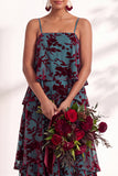 Blue Burgundy Flower Tiered Ruffled Velevt Long Wedding Guest Dress