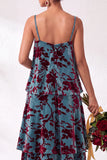 Blue Burgundy Flower Tiered Ruffled Velevt Long Wedding Guest Dress