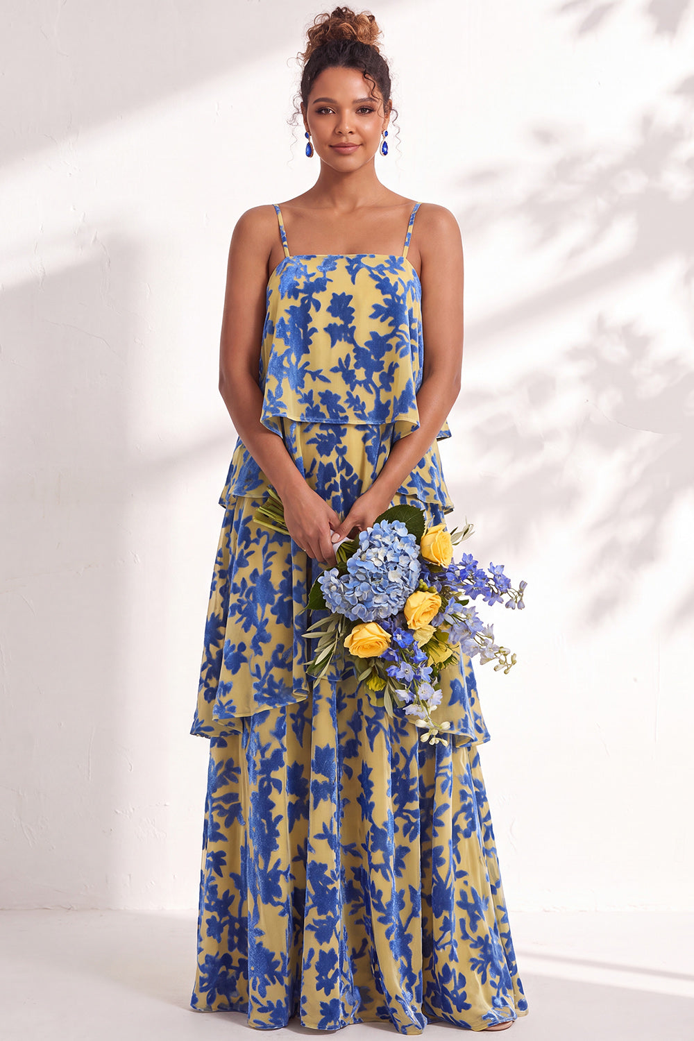 Blue Burgundy Flower Tiered Ruffled Velevt Long Wedding Guest Dress