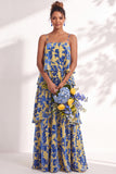 Blue Burgundy Flower Tiered Ruffled Velevt Long Wedding Guest Dress