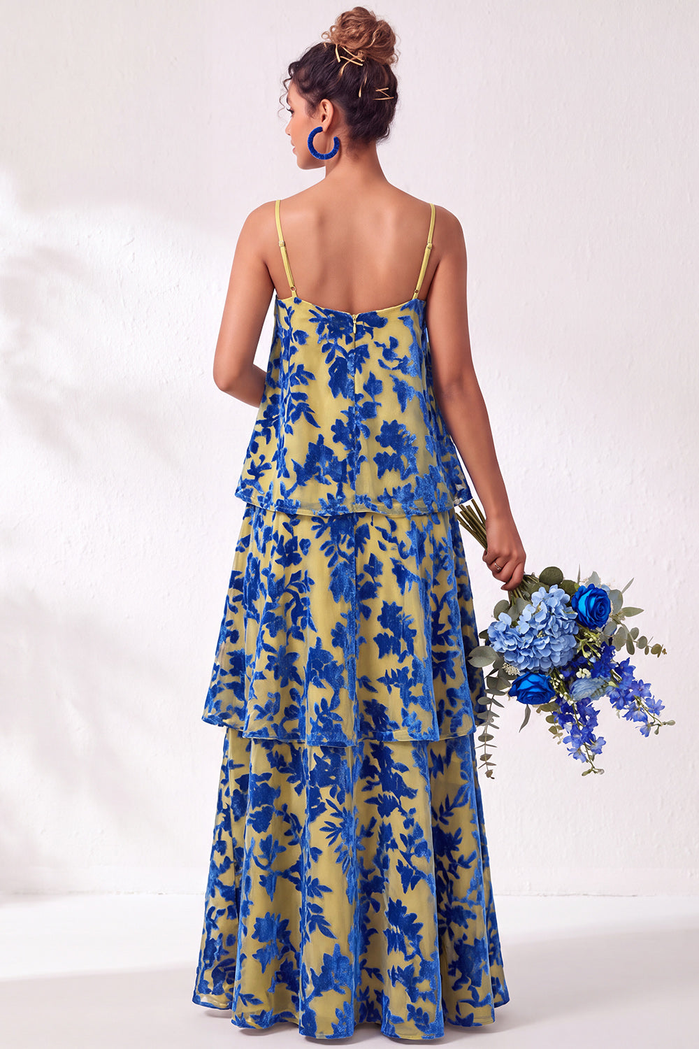 Blue Burgundy Flower Tiered Ruffled Velevt Long Wedding Guest Dress